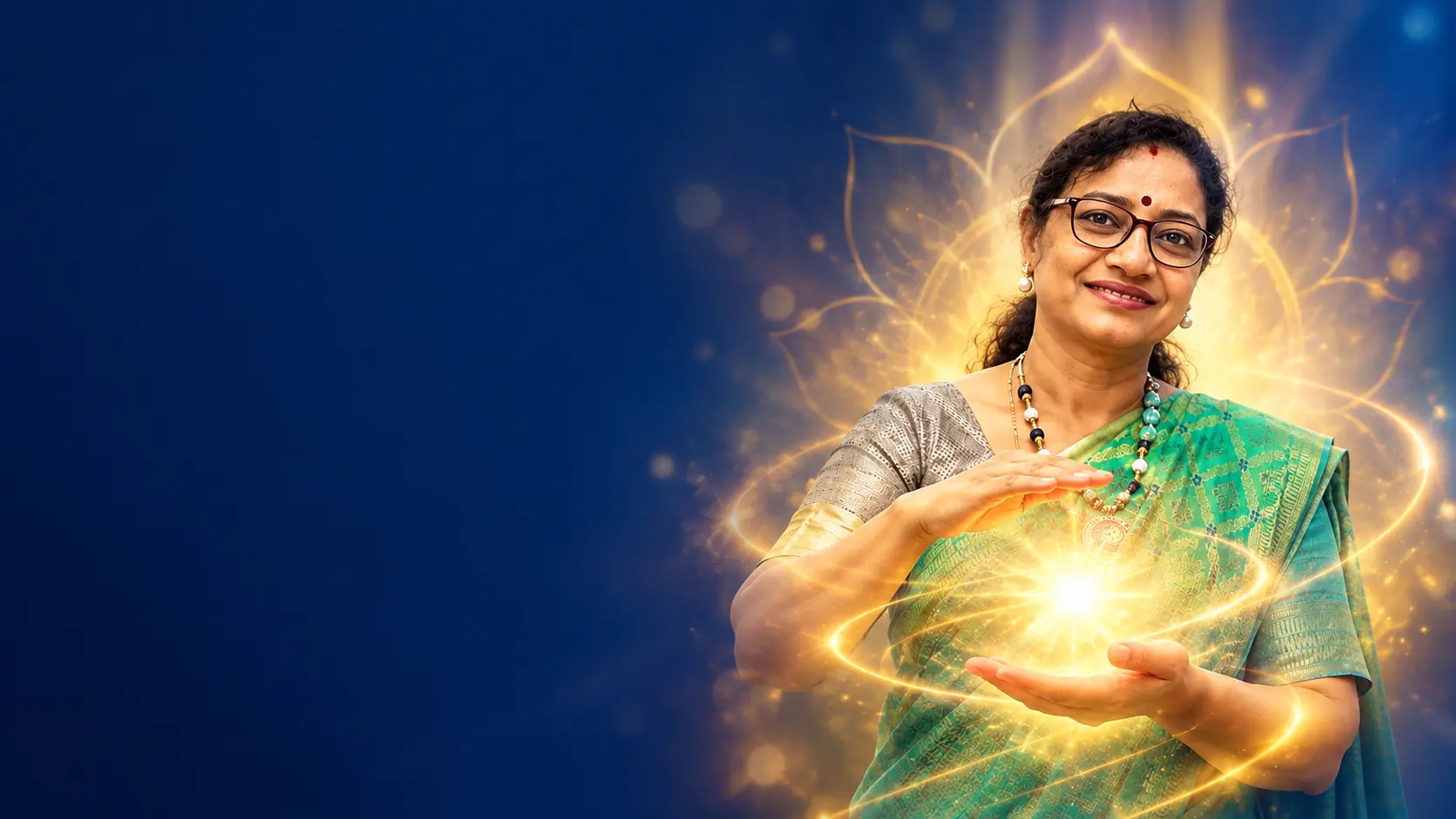 Sujatha Murali, Reiki Grandmaster, holding a glowing ball of healing energy